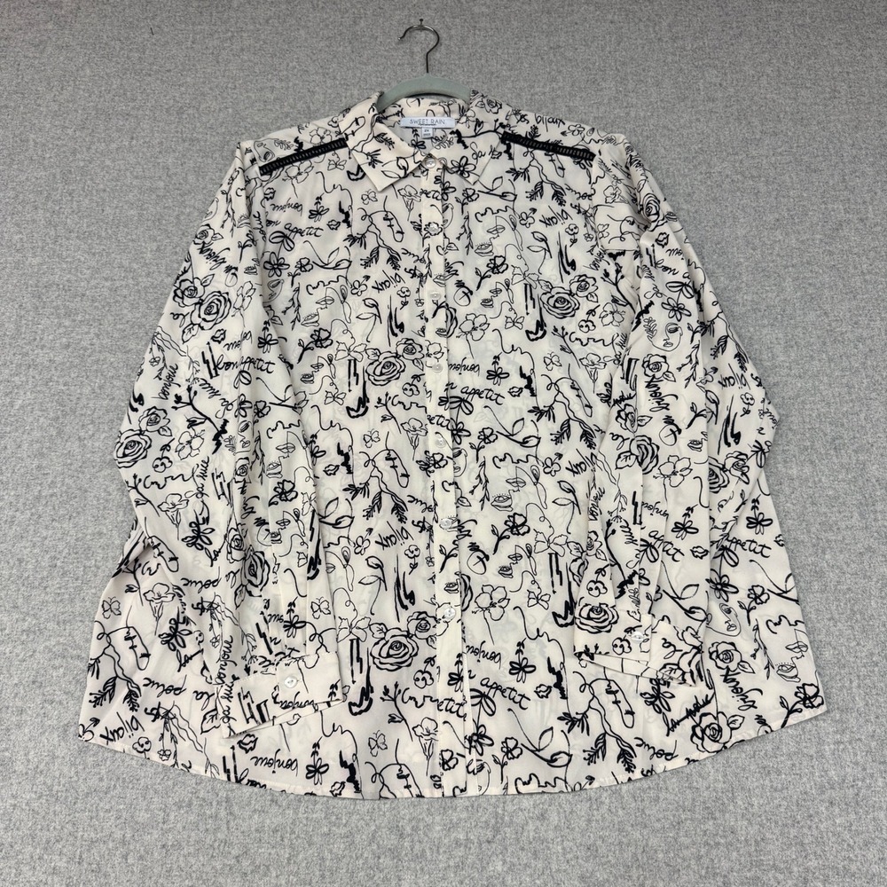 Sweet Rain Blouse 2X Cream Black Line Art Face Floral Lace Trim Button Down Top